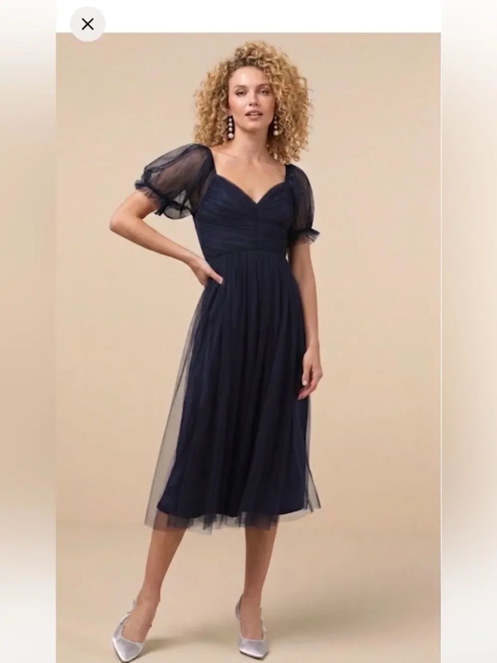 Lulus Romantic Navy Tulle Pleated Puff Sleeve Midi Dress Medium New with Tag